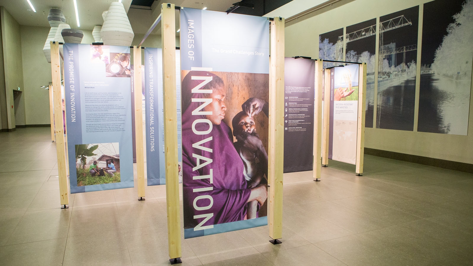 Information panels on exhibit at the Grand Challenges Annual Meeting 2018 at the Estrel Congress Center in Berlin, Germany.